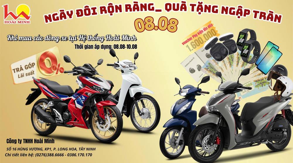 🎉 08.08 - Ngày đôi rộn ràng, quà tặng ngập tràn. Khi mua xe mới tại Hệ thống Hoài Minh, nhận ngay loạt quà xịn như: